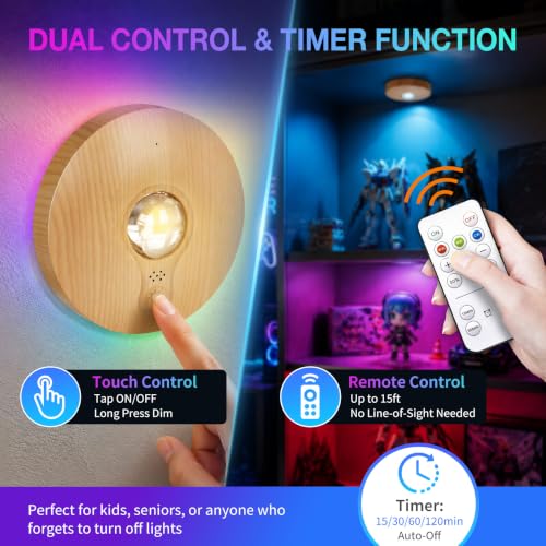Image of Rechargeable RGB Puck Lights with Remote Control, Wireless Under Cabinet Lighting,13 Color Changing Lights with Dimmer, Timer,2000mAh Battery Operated Tap Lights for Kitchen (Natural Wood, 8PCS)