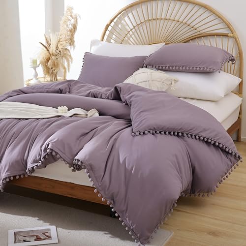 YIRDDEO Full Size Comforter Sets - Full Size Comforter with Ball Pom Fringe, Soft Bedding Set for All Seasons - 3 Pieces, 1 Comforter (79"x90") & 2 Pillow Shams(20"x26"), Dusty Purple