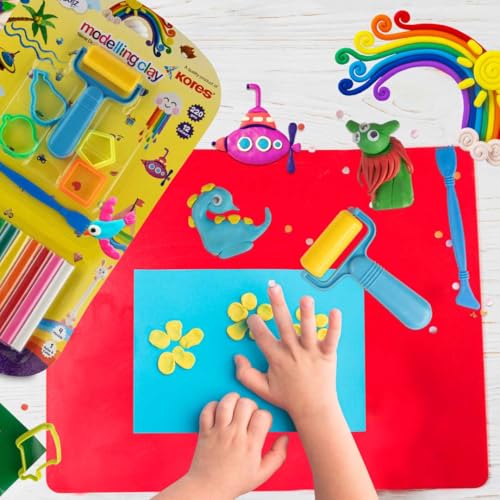 Image of Kores Modelling Clay 220g - 12 Colours with Roller, Cutter & 4 Moulds | Soft, Reusable & Non Toxic Clay for Kids | Ideal for Creative Learning & Craft