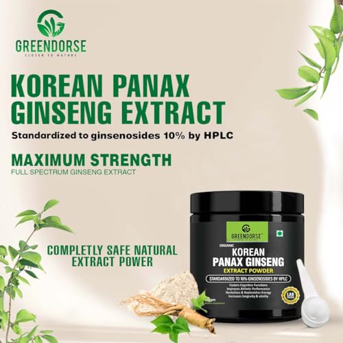 Image of GREENDORSE Organic Korean Panax Ginseng Extract Powder |10% active Ginsenosides by HPLC | Lab tested| Immune & Cognitive support, Boosts Energy, Stamina, Vegan Friendly-30g
