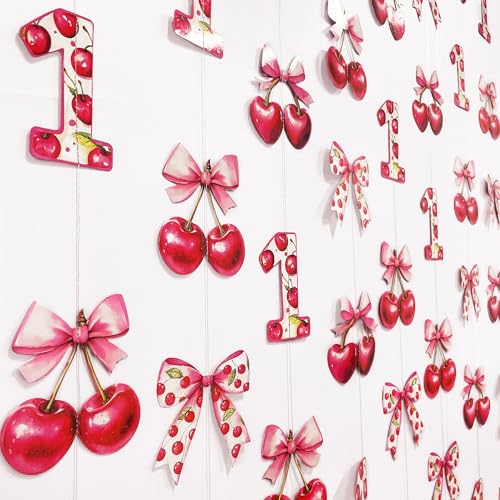 Image of Cherry 1st Birthday Decorations Sweet Floral Cherries Pink Bow Hanging Streamer Garland Banner for Happy First Birthday Baby One Year Bday 1st Wedding Anniversary Party Decorations Supplies