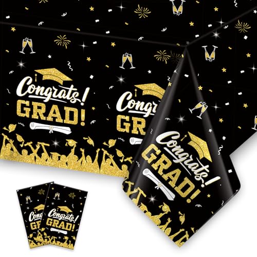 Image of Graduation Tablecloth, 2 PCS Graduation Decorations 2026, Black Gold Graduation Tablecloth Disposable, Plastic Congrats Grad Table Decoration for Class of 2026 Graduation Party Decorations, 108 inch X 54 inch