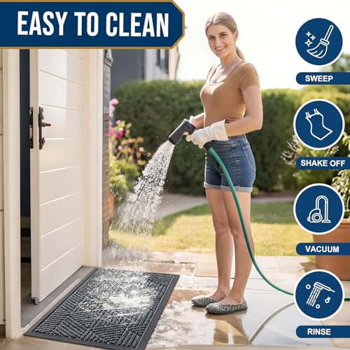 Image of Smiry Front Door Mat Outside Entrance, Heavy Duty Sturdy Natural Rubber Doormat, Trap Dirt and Moisture, Easy Clean Low Profile Mats for Indoor Outdoor Entry, Irregular Triangle (29.5x17, Grey)