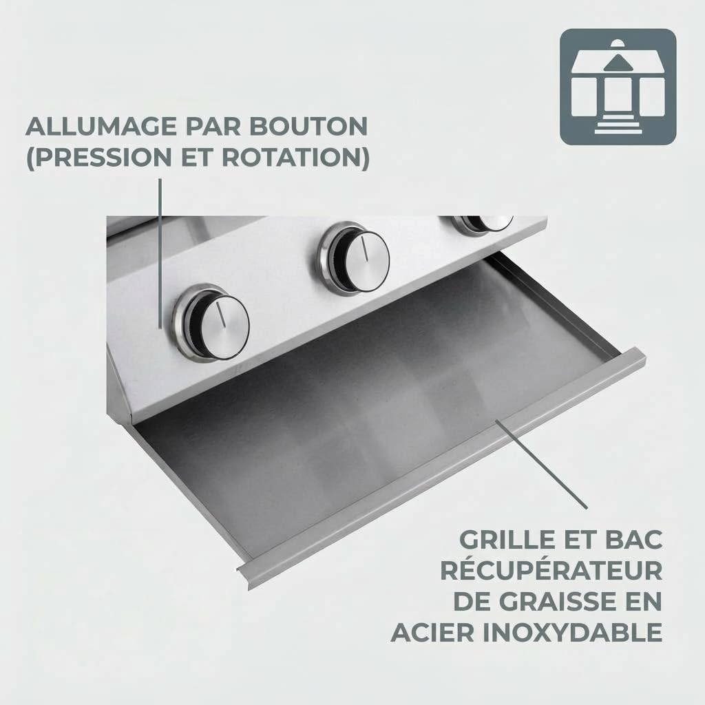 Tarrington House Barbecue à Gaz Portable CATHAN 3 Brûleurs, Acier Inoxydable, 6.6 kW, Couvercle avec Thermomètre, Allumage Piézoélectrique, Argent