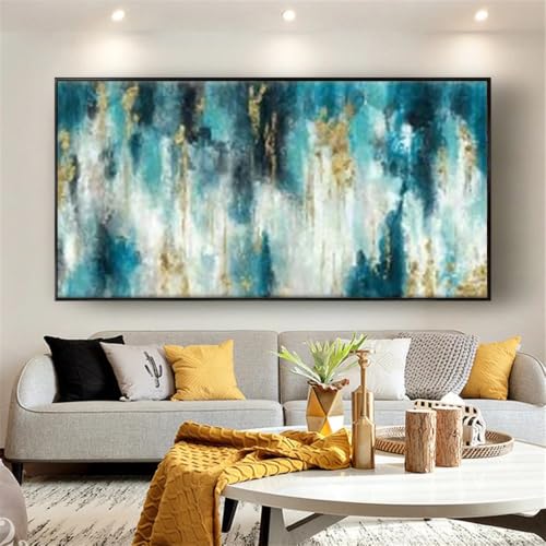 Tableau abstrait bleu et or sur toile pour salon moderne LTjiajuypd
