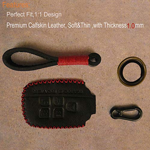 KMT Car Key Fob Case-Genuine Leather Key Cover Holder fit Land Rover Range Rover Sport Evoque LR4 Smart Key-Car Accessories Key Chain (Black+red Thread)
