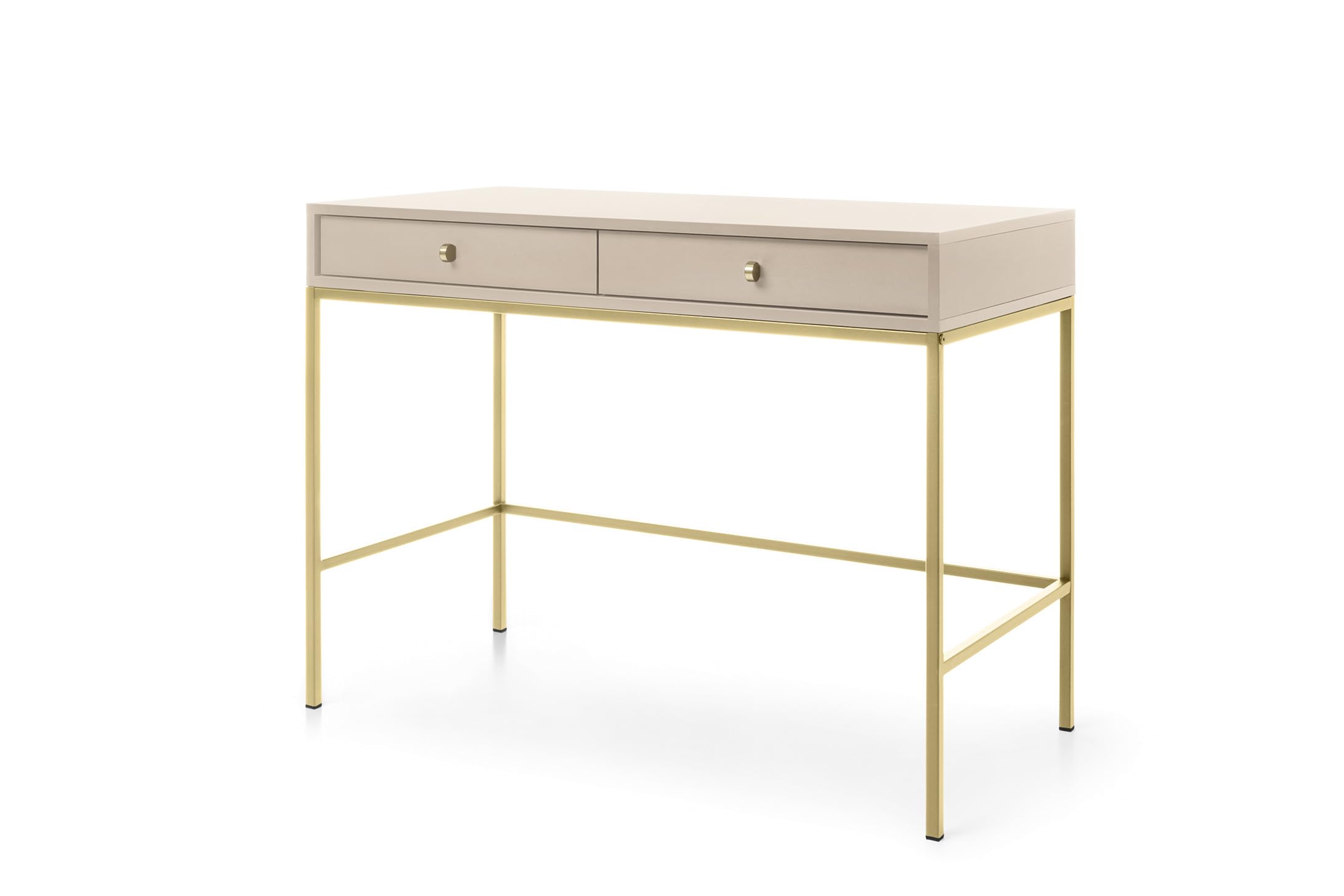 Tocador con dos cajones beige y tiradores dorados para dormitorio de 104x50x78 cm
