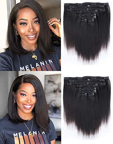 Easen Hair Yaki Straight Clip in Hair Extensions Brazilian Virgin Hair Clip ins Real Human Hair Clip in Extensions Natural Color Clip in Hair 7pcs/lot 120grams/set Full Head For Women (10inch)