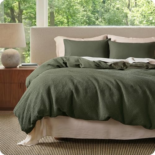 Image of Bedsure Cotton Duvet Cover Queen Size - 100% Cotton Waffle Weave Olive Green Duvet Cover, PureWoven Textured Breathable Bedding Comforter Cover for All Season, 1 Duvet Cover Only 90 inchx90 inch