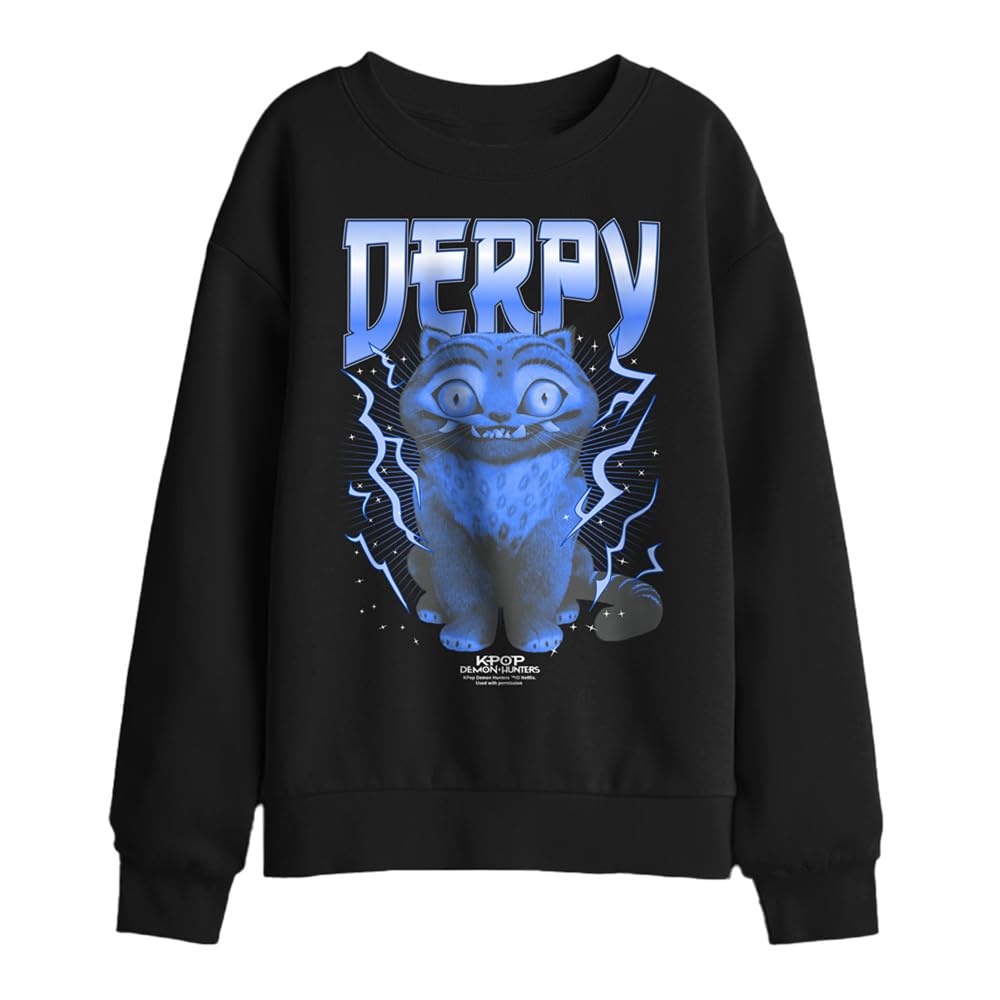 Kpop Demon Hunters Derpy Tiger Lightning Band Tee Kids Sweatshirt, Black, 9-11