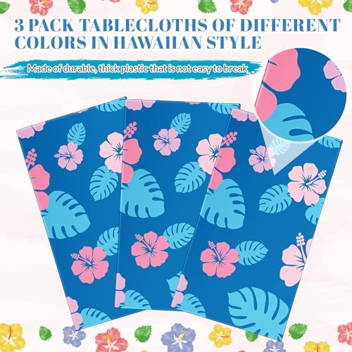 Image of Oudain 3 Sheets Hawaii Hibiscus and Tropical Leaves Tablecloth Birthday Party Decorations Blue Alien Cartoon Table Covers for Birthday Party Supplies