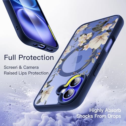 Image of VONZEE Compatible with iPhone 16 Case Luxury Retro Flowers Floral Clear for Magnetic Wireless Charging Case Shockproof Case PC+TPU Cute Glossy Shiny Cover for Girls Women, 6.1'' Navy Blue