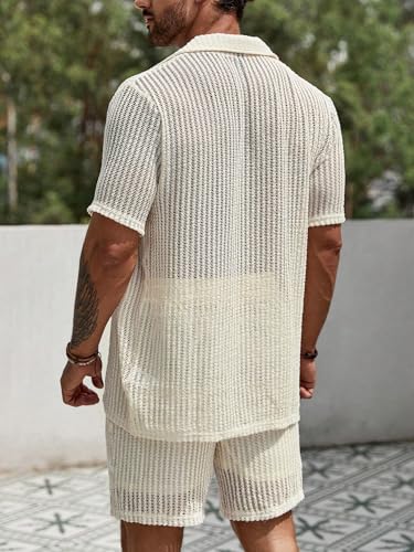 Verdusa Men's 2 Piece Outfit Hollow Out Knit Button Up Shirt and Knit Short Sets2