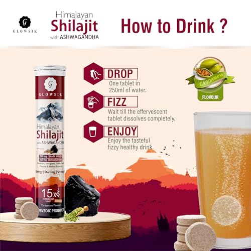 Image of GLOWSIK Himalayan Shilajit Original (750mg) 15 Effervescent Tablets, With Ashwagandha, Gokshura & Safed Musli for Strength, Performance & Muscle Recovery, Cardamom Flavour | Ayush Approved | Pack of 1