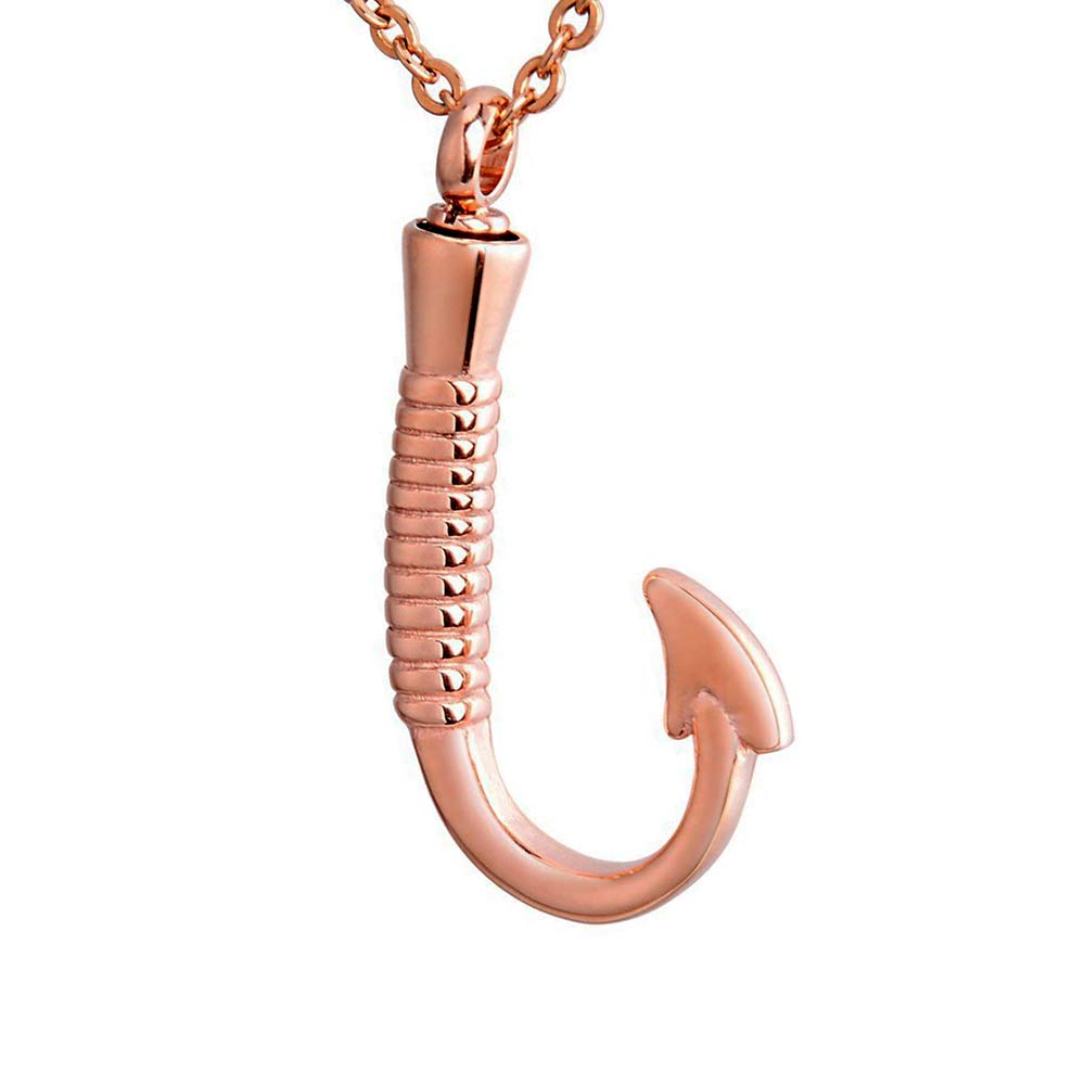 Fish Hook Cremation Jewelry Ashes Urn Necklace Pet Holder Memorial Pendant Stainless Steel Waterproof Urn Pendant?Rose Gold?