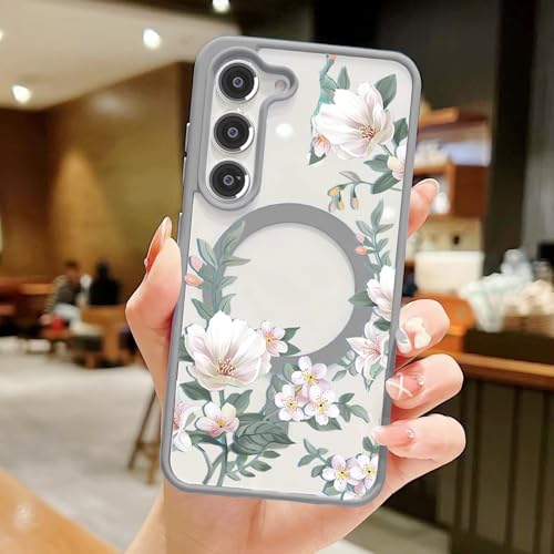 Image of VONZEE Compatible with Samsung Galaxy S25 FE 5G Case Luxury Retro Flowers Floral Clear for Magnetic Wireless Charging Case Shockproof PC+TPU Cute Glossy Shiny Cover for Girls Women, Grey
