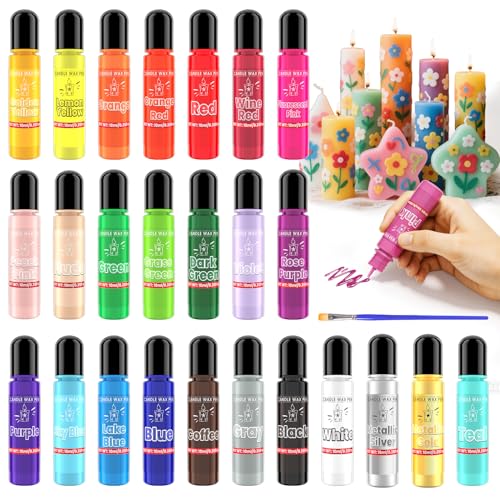 Candle Wax Pen 26 Colors Set - 3D Candle Paint with Glitter Gold Silver Smooth Drawing Wax Pen for DIY Candle Making Birthday Wedding Party Non-Toxic Fast-Drying Long-Lasting Color - 0.35oz/10ml