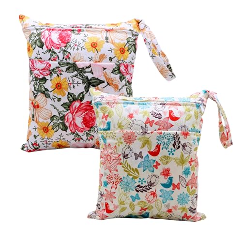 Image of Asenappy 2pcs Cloth Diaper Wet Dry Bags Waterproof Reusable with Two Zippered Pockets Travel Beach Pool Daycare Soiled Baby Items Yoga Gym Bag for Swimsuits or Wet Clothes (3036-2-butterflyflower)