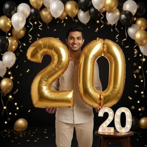 Image of Balloonistics Gold 40-Inch Foil Number 20 Balloon with Matching LED Marquee Light - Combo Set for 20th Birthday, Anniversary, Party Decoration, Photo Booth Backdrop, Cake Table Decor