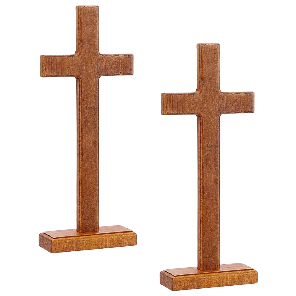 NBEADS 2 Sets Wooden Standing Cross, 3.55x9x22.4cm Cross Figurines Ornaments with Base for Home Church and Office Multiple Pretending Prop Decor, Saddle Brown