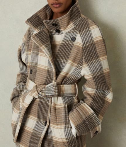 CHARTOU Women Long Wool Plaid Pea Coat Double Breast Midi Long Trench Peacoat Overcoat with Belt2