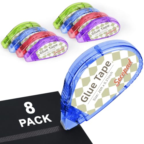 Image of Secopad Scrapbook Tape, 8 Pack Double Sided Tape Roller for Crafts, Adhesive Glue Runner Scrapbooking Supplies Journaling School Office Teacher Supplies, 0.3IN x 26FT, Clear Colored Shell