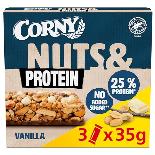 Corny Nuts & Protein Vanilla | Nussriegel ohne Zuckerzusatz | Mit 36% Nüssen & 25% Protein | 3 x 35 g Corny Nuts & Protein Vanilla | Nussriegel ohne Zuckerzusatz | Mit 36% Nüssen & 25% Protein | 3 x 35 g