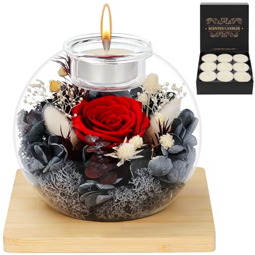 MestectPET Rosa eterna en Vidrio, Set de Rosa Preservada y Velas Perfumadas, Cumpleaños Día de la Madre San Valentín Aniversario Navidad para Mamá Novia Esposa y Mujer (Rojo)