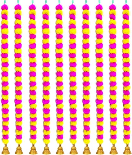 Seven Chakra Tree Handmade Decorative Marigold Artificial Fluffy Garland with Bell in The Bottom, Size 60x2.5 inches Used for Home/Office Decoration, (Pack of 10) (Pink-Yellow)