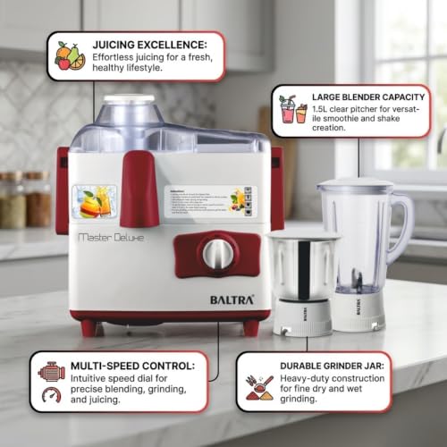 Image of BALTRA Master Deluxe 500W Juicer Mixer Grinder | 2 Jars (1.5L & 1L) | 3-Speed Control | SS Blades | Large Pulp Collector | Ideal for Fruits & Juices | 2-Year Warranty | Compact & Powerful