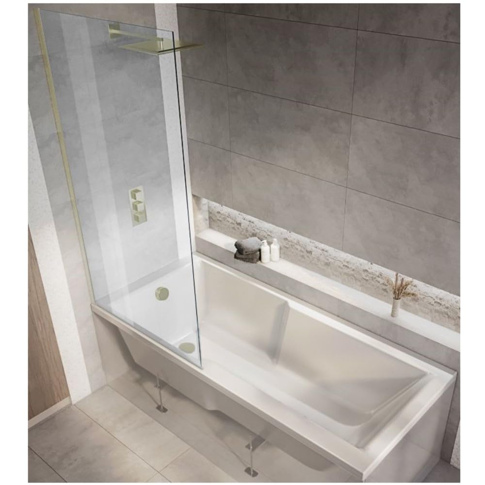 Milano Elswick White 1700mm x 750mm Single Ended Square Shower Bath Gold Screen