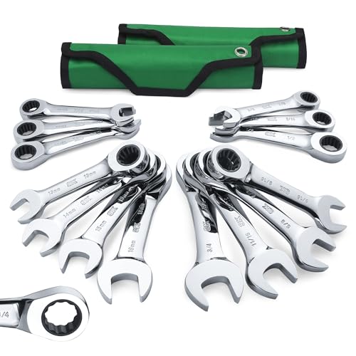 SK Stubby Ratcheting Wrench Set Combination Wrench Set 14-Piece SAE & Metric 72-Tooth CR-V Steel with Rolling Pouch