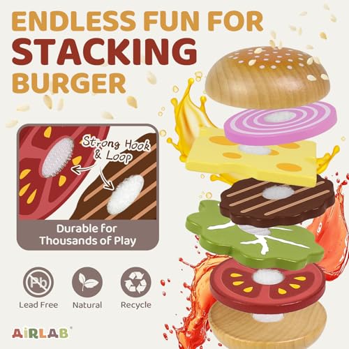 Airlab Kinderküche Spielküche Zubehör aus Holz, Küchenspielzeug Hamburger Fast Food Set Holz Lebensmittel Spielzeug mit Deutscher Speisekarte, Kaufladen Zubehör, Pädagogisches Rollenspiel Geschenk