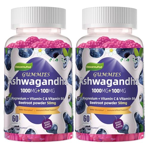 Wekannufod 2 Pack Ashwagandha Gummies 1000mg & Vitamin D3 Gummies 120 Count Organic Root Extract Stress Relief Sleep Support(Non-GMO, Sugar Free & Gluten Free)