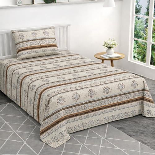 Image of VOMZER Single Size (60x90) 300 TC Soft Cotton Feel Microfiber Flat Single Bedsheet with 1 Pillow Cover | White Jaipuri