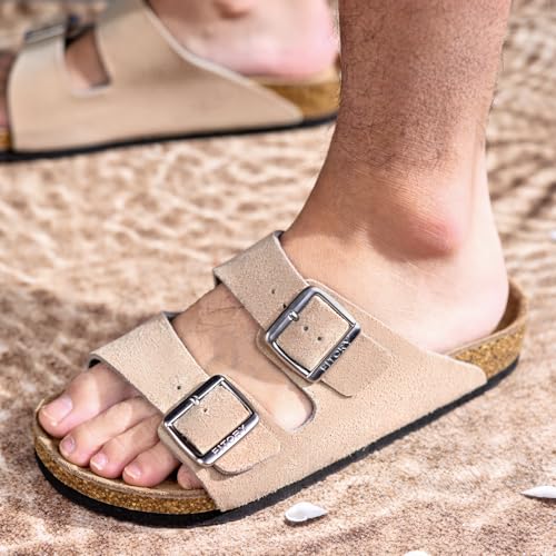 Image of FITORY Mens Sandals, Arch Support Slides with Adjustable Buckle Straps and Cork Footbed Size 7-14.5