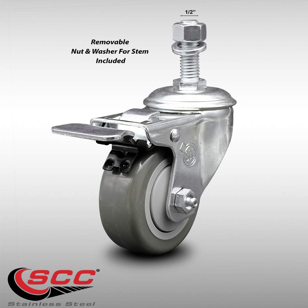 Stainless Steel Polyurethane Swivel Threaded Stem Caster w/3