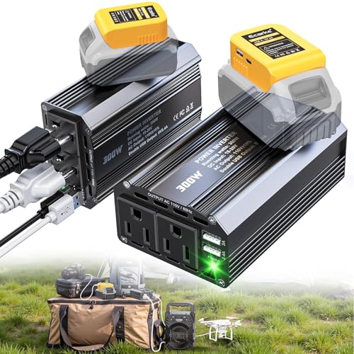 Image of Ecarke 300W Portable Power Inverter Compatible with DeWALT 20V Battery, DC 20V to AC 110V Power Station with 2 AC Outlets, 3 USB Ports & 1 Type-C 18W, for Camping RV Emergency Use (No Battery)(2-Pack)