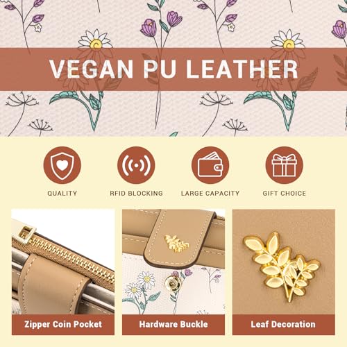 Image of YINHEXI Women's Wallet, Compact and Small Bifold PU Leather Card Holder, Mini Purse with Coin Pocket for Ladies, Girls (Floral Kahki)