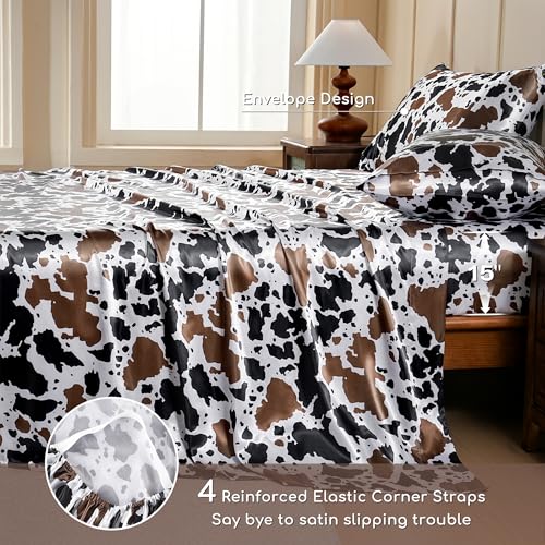 Image of MR&HM Satin Sheets with Elastic Corner Straps, Twin Size 3-Piece Silky Bedding Set, Deep Pocket 15 Inches, Good for Hair & Skin (Twin, Cow Print)