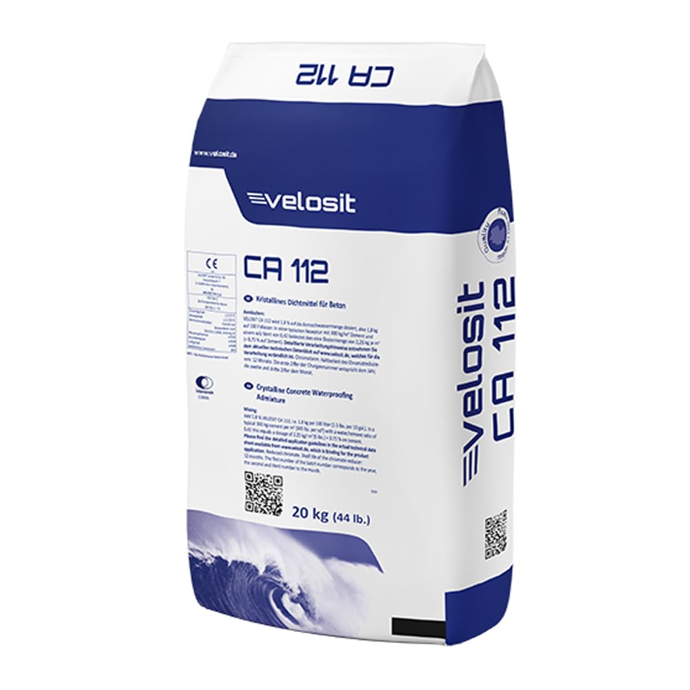 Velosit CA 112 Aditivo Impermeabilizante Cristalizante 20kg para Hormigón | Reduce permanentemente la permeabilidad y autosella grietas estáticas de hasta 0,5mm al entrar en contacto con agua.