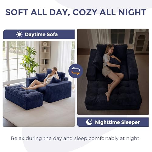 Image of MAXYOYO Modular Sectional Chaise Lounge Sofa, Upholstered Lounge Chair with Ottoman, Comfy Couch with Layered Cushion, Tufted Upholstered Sleeper Chair for Living Room, No Assembly, Navy