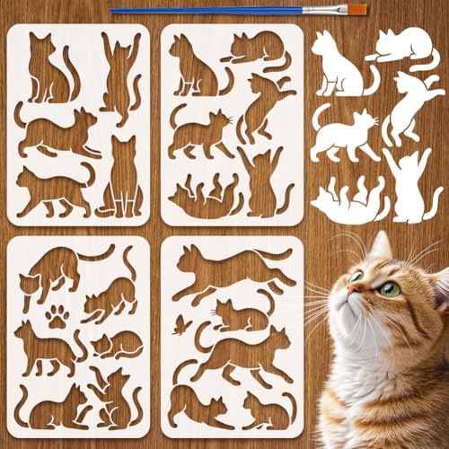 FINGERINSPIRE 4 Pochoirs Silhouette de Chat Avec Pinceau 29.7x21cm Pochoirs Réutilisables Dessin Chat Décoration Maison DIY Pochoir Plastique Thème Animal Modèle...