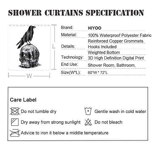 Hiyoo Halloween Skull Raven Shower Curtain With Hooks, Horror Scary Skeleton Hallowmas Bathroom Art Decor Bathtub Black And White Shower Curtains, Waterproof Fabric - Mysterious Bird 60" W X 72" L #TOP5