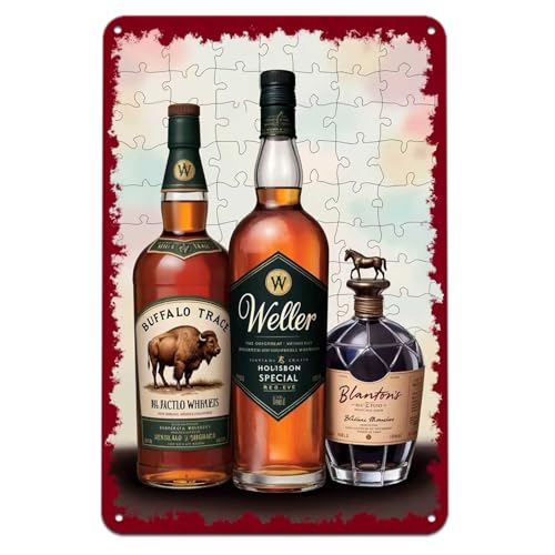 Whiskey Bourbon Bottles Tin Sign Vintage Buffalo Trace Weller Blantons Metal Sign for Bar Cafe Home Kitchen Decor 8 x 12 In