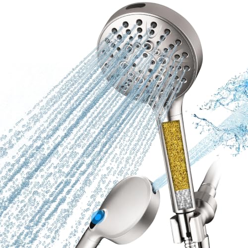 Image of BRIGHT SHOWERS Filtered Shower Head with Handheld, High Pressure 9 Spray Mode Showerhead with Long Hose and Bracket, Water Softener Filters Beads for Hard Water - Removes Chlorine, Brushed Nickel