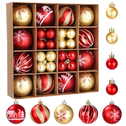 Zawaer Enfeites de Natal árvore, conjunto de bolas de Natal, 44 peças 6 cm bolas de plástico douradas e vermelhas, desenhos pintados em cor enfeites árvore de Natal