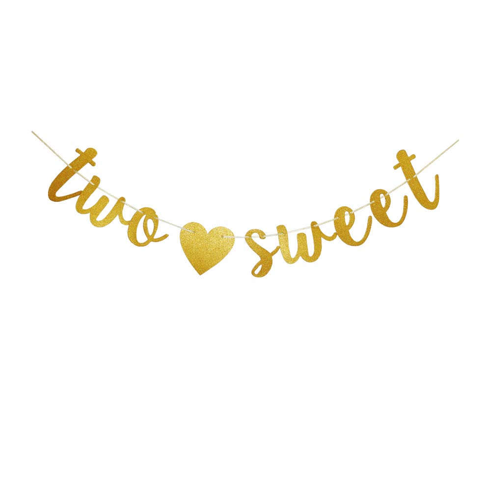 Two Sweet Banner, Gold Glitter Sign Garlands for Baby Girl's Second Birthday Party Decorations Supplies