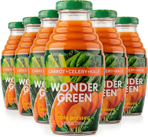 Wonder Green 100% Organic Carrot, Celery & Kale Cold Pressed Juice, 8.45 oz (6 Pack) | Vegetable Juice Blend, All Natural, No Additives or Preservatives, Not from Concentrate
