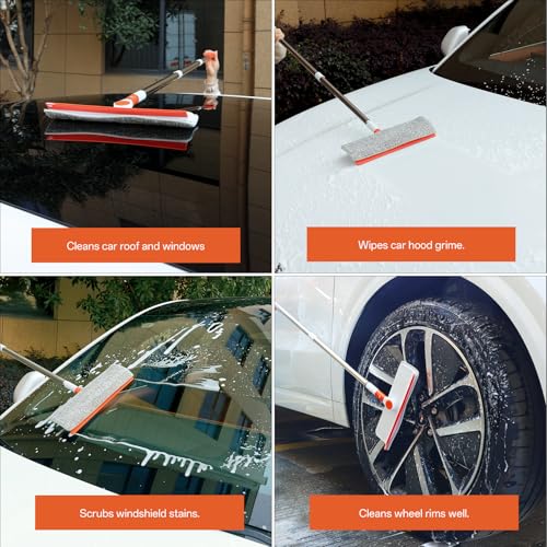 Image of Window Squeegee Cleaner Pole, 2-in-1 Window Cleaning Tool with 50 inch Extendable Pole Bendable Head Window Washing Equipment or Indoor Outdoor Window Glass Door Car Windshield (Cleaner with Pink Cloth)